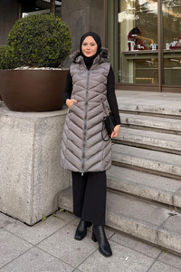 Kapüşonlu Kolsuz Şişme Yelek Gri