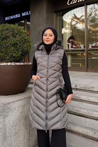 Kapüşonlu Kolsuz Şişme Yelek Gri