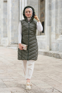 Kapüşonlu Kolsuz Şişme Yelek Haki Yeşil