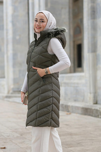 Kapüşonlu Kolsuz Şişme Yelek Haki Yeşil