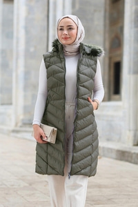 Kapüşonlu Kolsuz Şişme Yelek Haki Yeşil