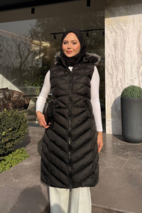 Kapüşonlu Kolsuz Şişme Yelek Siyah