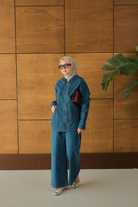 Kapüşonlu Kot Takım Mavi