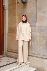 Kapüşonlu Modal Takım Krem