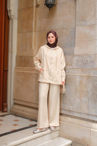 Kapüşonlu Modal Takım Krem