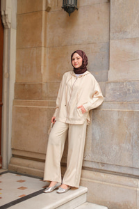 Kapüşonlu Modal Takım Krem