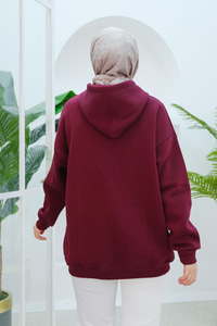 Kapüşonlu Oversize Hırka Bordo