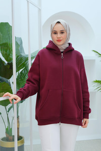 Kapüşonlu Oversize Hırka Bordo