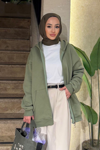 Kapüşonlu Oversize Hırka Fıstık Yeşil