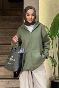 Kapüşonlu Oversize Hırka Fıstık Yeşil