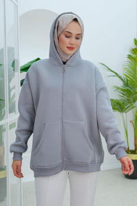 Kapüşonlu Oversize Hırka Gri