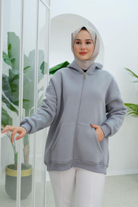 Kapüşonlu Oversize Hırka Gri