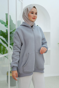 Kapüşonlu Oversize Hırka Gri