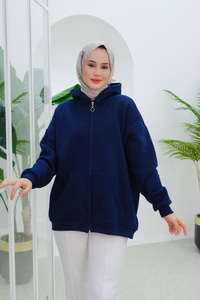Kapüşonlu Oversize Hırka Lacivert