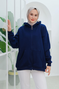 Kapüşonlu Oversize Hırka Lacivert