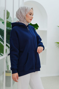 Kapüşonlu Oversize Hırka Lacivert