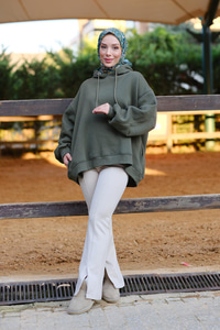 Kapüşonlu Oversize Sweat Haki Yeşil