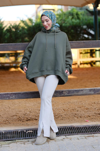 Kapüşonlu Oversize Sweat Haki Yeşil