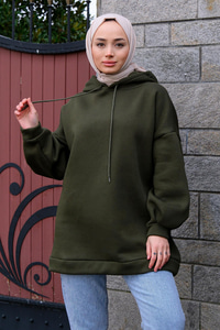 Kapüşonlu Oversize Sweat Haki Yeşil