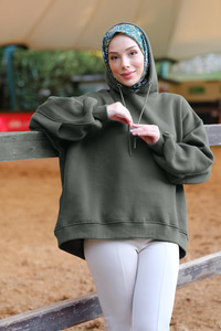 Kapüşonlu Oversize Sweat Haki Yeşil