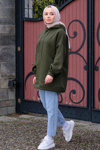 Kapüşonlu Oversize Sweat Haki Yeşil