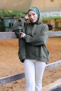 Kapüşonlu Oversize Sweat Haki Yeşil