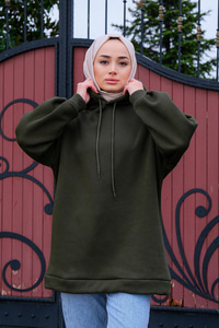 Kapüşonlu Oversize Sweat Haki Yeşil