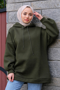 Kapüşonlu Oversize Sweat Haki Yeşil