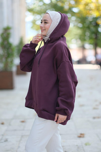 Kapüşonlu Oversize Sweat Mürdüm
