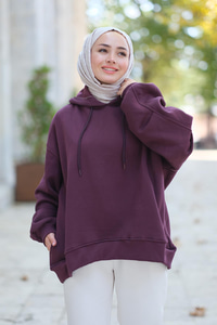 Kapüşonlu Oversize Sweat Mürdüm