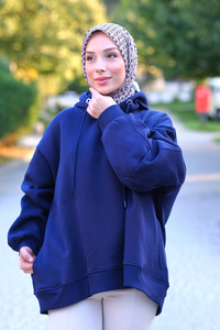 Kapüşonlu Oversize Sweat Saks Mavi