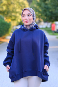 Kapüşonlu Oversize Sweat Saks Mavi