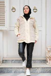 Kapüşonlu Peluş Ceket Krem