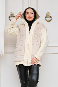 Kapüşonlu Peluş Ceket Krem
