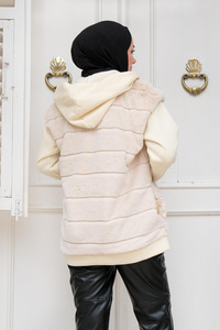 Kapüşonlu Peluş Ceket Krem