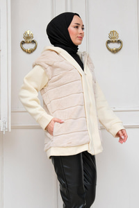 Kapüşonlu Peluş Ceket Krem