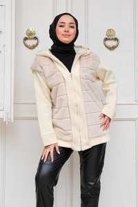 Kapüşonlu Peluş Ceket Krem