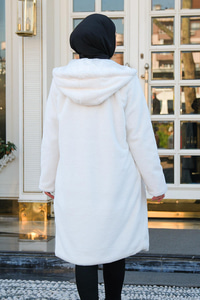 Kapüşonlu Peluş Kaban Beyaz