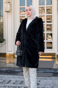 Kapüşonlu Peluş Kaban Siyah