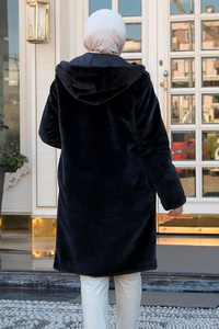 Kapüşonlu Peluş Kaban Siyah