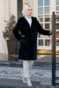 Kapüşonlu Peluş Kaban Siyah