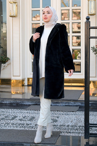 Kapüşonlu Peluş Kaban Siyah