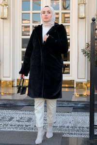 Kapüşonlu Peluş Kaban Siyah