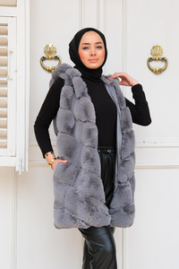 Kapüşonlu Peluş Kürk Yelek Gri