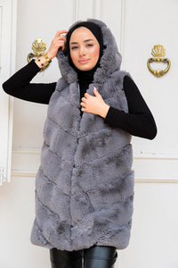 Kapüşonlu Peluş Kürk Yelek Gri