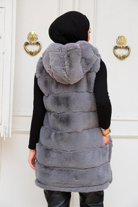 Kapüşonlu Peluş Kürk Yelek Gri