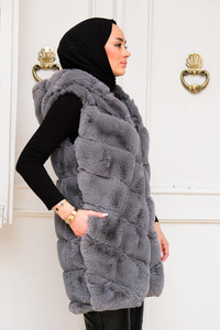 Kapüşonlu Peluş Kürk Yelek Gri