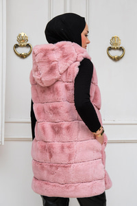 Kapüşonlu Peluş Kürk Yelek Pudra