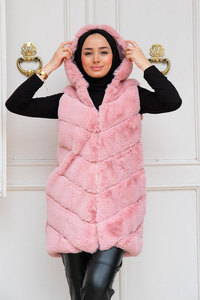 Kapüşonlu Peluş Kürk Yelek Pudra