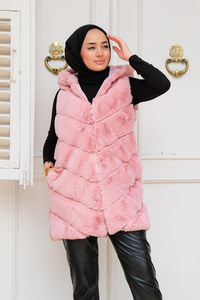 Kapüşonlu Peluş Kürk Yelek Pudra